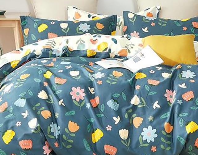 Image of DECOMIZER Super Soft Glace Cotton King Size AC Comforter || Blanket || Duvet with 1 King Size Elastic Fitted Bedsheet 72 inchX78 inch Inch and 2 Large Pillow Cover - 4 Piece Comforter Set - Blue Multi