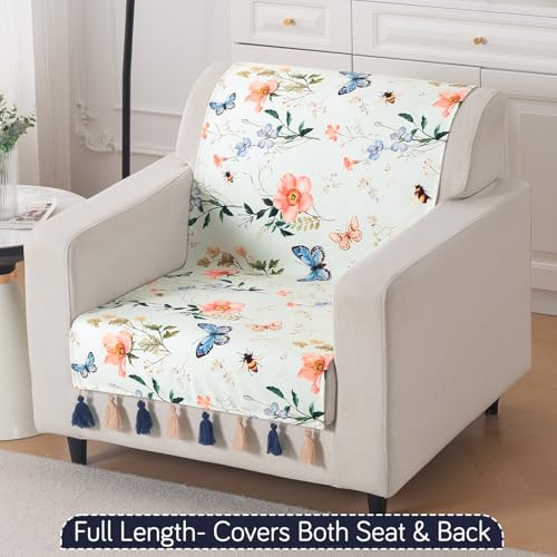 Image of HOKIPO Sofa Cover with Tassel for 1 Seater Sofa | Full Protection for Seat and Back | Printed Holland Velvet Fabric | 'Whispers of Nature' (160x60 cm), Pastel Butterfly Meadow (IN-1125-D2)