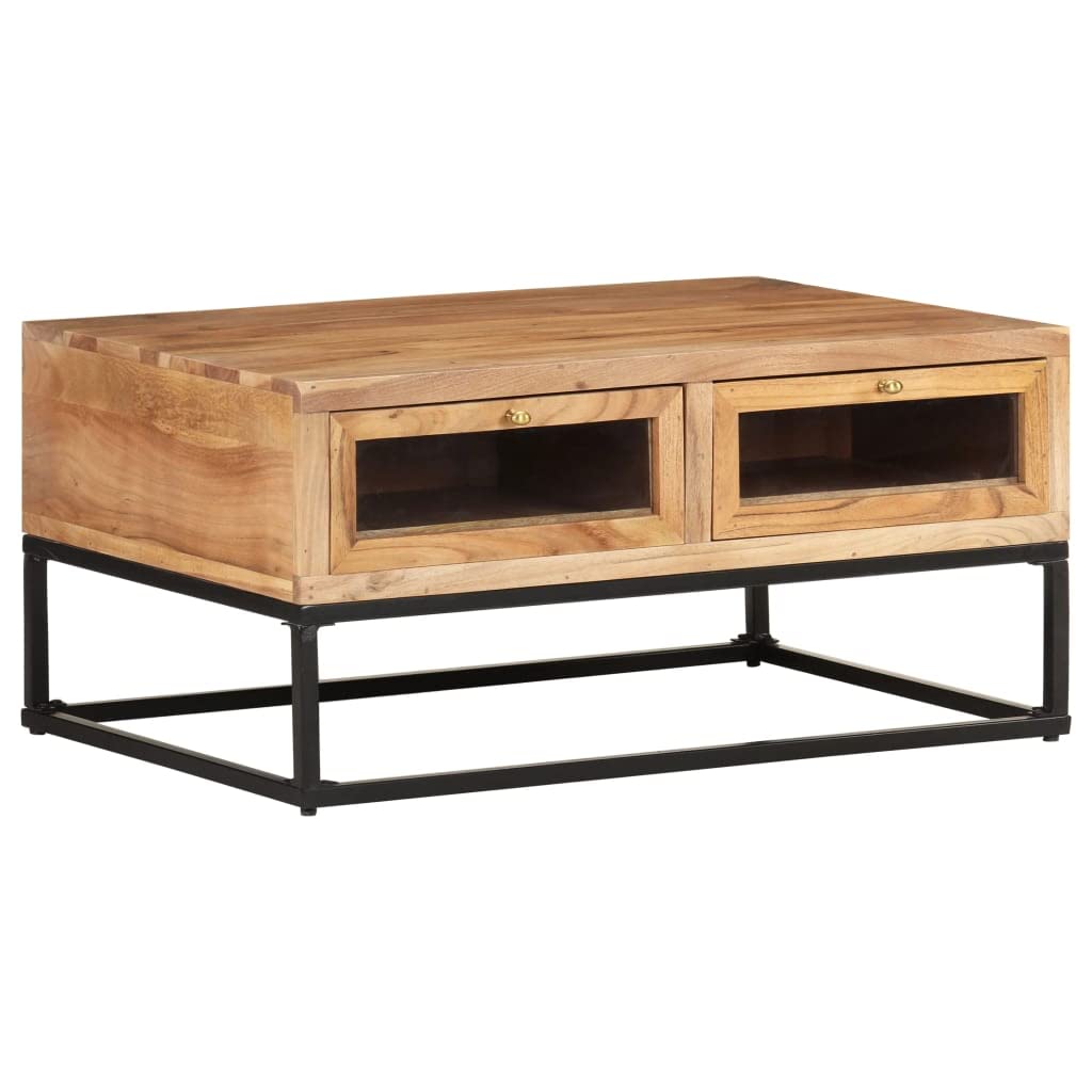 Table basse bois massif d'acacia et acier 90x60 cm style industriel avec 2 tiroirs de salon