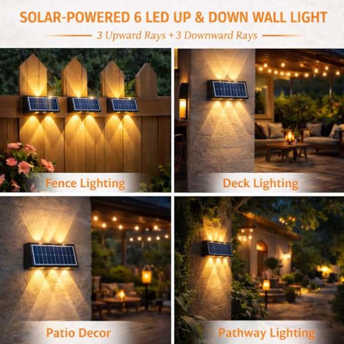 Image of Gesto 6W Solar Wall Lights Outdoor Waterproof IP65, Warm White Up & Down Wall Lamp with 1200mAh Battery, Auto ON /Off Dusk to Dawn, Exterior Light for Garden Fence Gate Patio Pathway Elevation Balcony