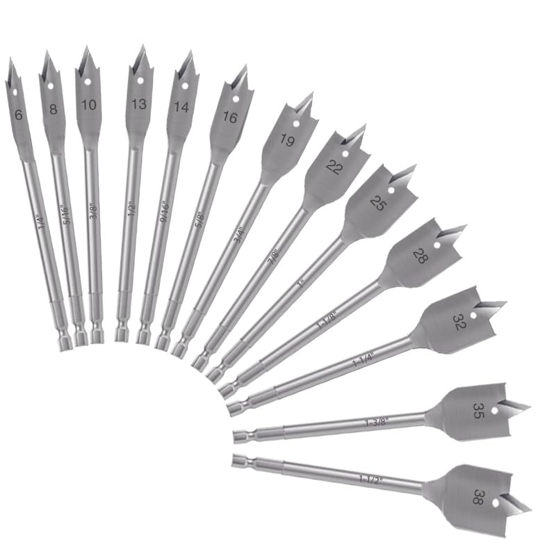Spade Drill Bit Sets, Paddle Flat Bit for Hole Cutter Woodworking,Titanium Coating, Carbon Steel, Wood Drill Bit, Quick Change Hex Shank，13-Pieces