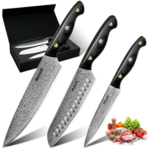 Huusk Damascus Chef Knife Set 3 PCS，VG10 Santoku Knives set，Damascus Kitchen Utility Knives set with Ebony Handle, Paring Knives Set for Meat Vegetable Fruit, Christmas Gift for Men and Women