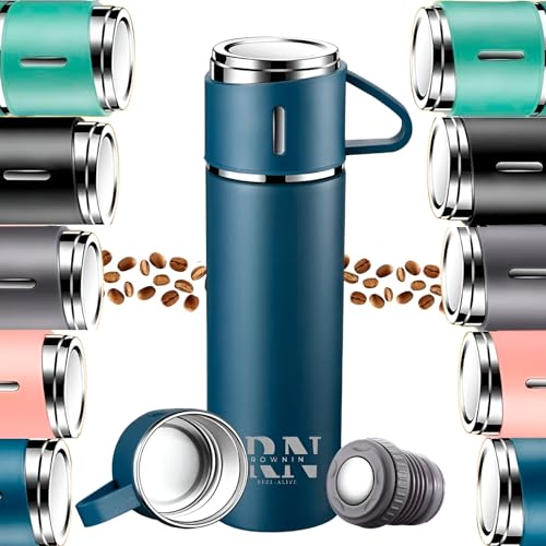 Termo Rownin Cafe Acero Inoxidable 304-18 horas - 500ml - Botella Termica a Prueba De fugas Aislamiento Antigoteo - Bebidas Calientes Por 18 Horas y Frías Por 18-3 Tazas De Recambio (Beige)
