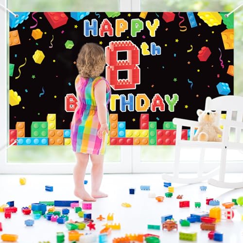 Panelee Building Block Birthday Banner Building Blocks Party Backdrop Decoration Happy Birthday Banner Photography Background for Party, 72.8 x 43.3 Inch(Black,8th) by Panelee - Used condition - Image 5