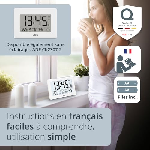ADE Horloge Radio pilotée | Horloge numérique Murale avec très Grands Chiffres | avec Calendrier, thermomètre intérieur et hygromètre | reveil Station Meteo | à Piles | Blanc – vue 7