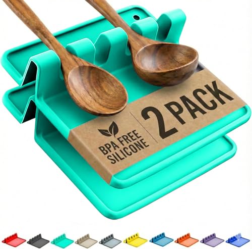 Image of Cooler Kitchen Aqua Green Silicone Spoon Rest for Stove Top with Drip Pad (Two Pack) - Heat-Resistant, BPA-Free Utensil Rest & Spoon Holder for Kitchen Counter - Grill Utensil Holder for Spatulas