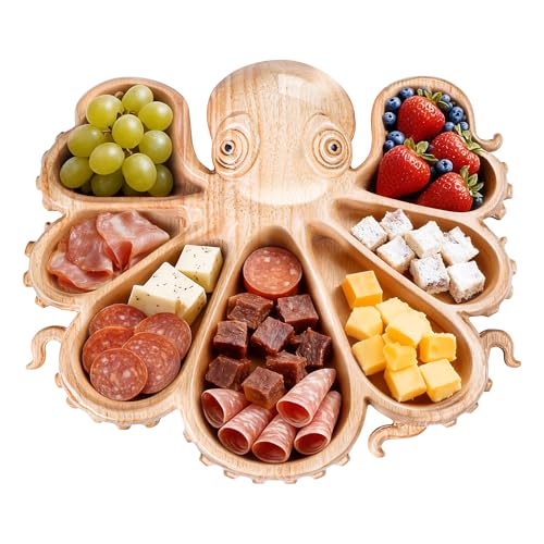 Oak Wood Large Octopus Charcuterie Board Food Tray for Meats Fruits Snacks Candy Reusable Kitchen Party Hosting Serving Tray Cheese Bread Board Ideal Gift for Seafood Lovers