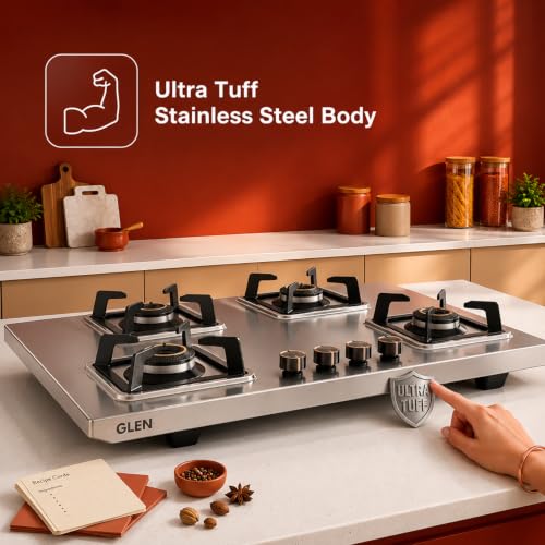 Image of Glen 4 Burner Stainless Steel LPG Gas Stove | 10 Years warranty on Burners and Gas Valve | 1 Jumbo Forged Brass Burner | Ultra Tough Body | Manual Ignition | 360 Revolving Brass Nozzle | 1054UTTNDTSS