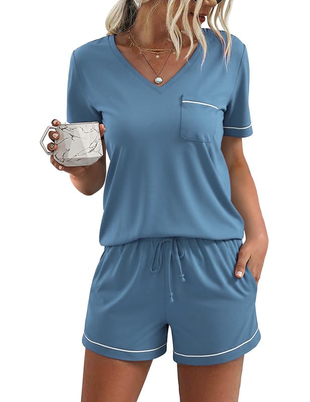 Litherday Womens Pajama Sets Short Sleeve Pajamas Soft Pjs Sleepwear V Neck Tops & Shorts with Pockets S-2XL