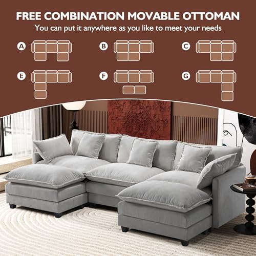 Image of Ihanherry 111.4 inch U Shaped Modern Cloud Sofa Modular Sectional Couch with 2 Ottoman, 5-Seat Chenille Deep Seat Sofa with Pillow for Living Room, Bedroom and Apartment, Grey