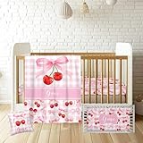 Munific Personalized Baby Crib Bedding Sets for Girls – Custom Name 3 Pcs Pink Bow and Cherry Nursery Set with Soft Blanket, Fitted Sheet & Pillowcase for Newborn or Infant Gift