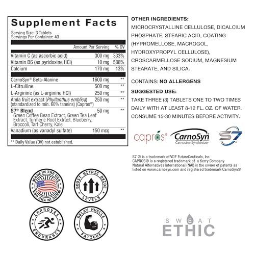 Image of Sweat Ethic VASO'D Vasodilator, Non-Stim Performance Formula with S7 Plant Blend, CarnoSyn Beta-Alanine, and Capros Indian Gooseberry, Supports Oxygen Flow & Endurance for Men and Women, 120 Capsules