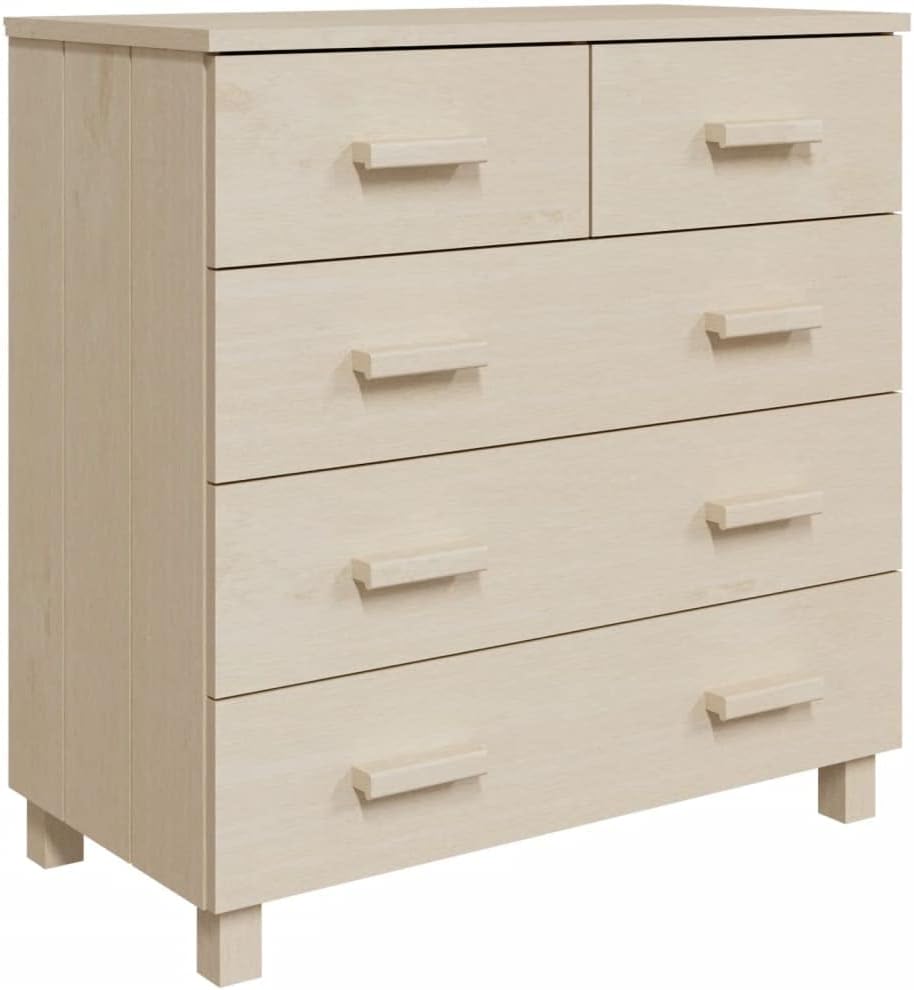 Honey Brown Solid Pine Wood and MDF Sideboard with 5 Drawers and Sliding Doors, Modern Storage Cabinet for Living Room Dining Area, Durable Furniture Organizer