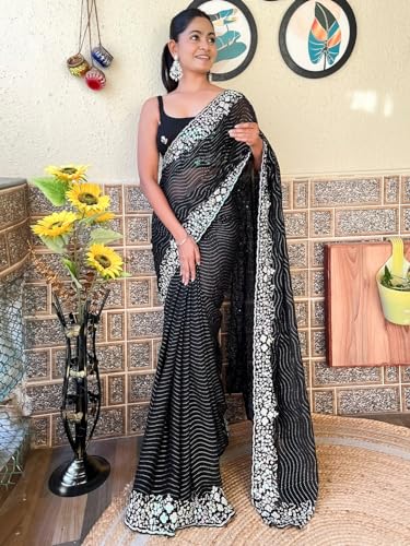 Image of AKHILAM Women's Multicolor Georgette Embellished Saree with Unstitched Blouse Piece(KESARI9501 KR Parent)