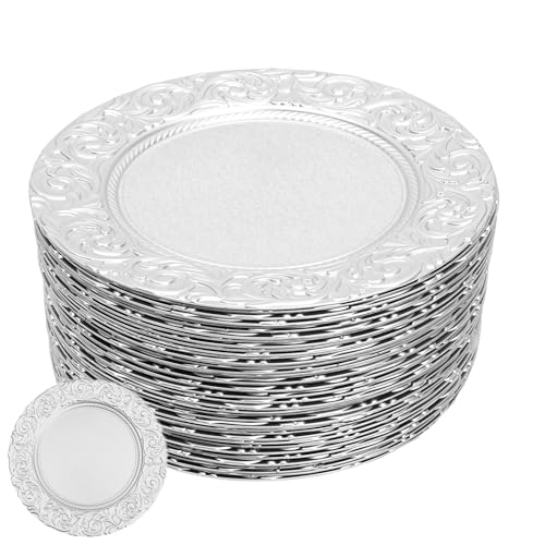 NuBusno 100 Pcs Charger Plates Bulk 13'' Silver Round Rustic Plastic Plates 100 Pcs Stacked Table Decoration Ruffled Rim Dinner Charger for Wedding Party & Holiday