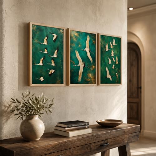 Image of Artify Set of 3 Flying Crane Birds Wall Painting for Living Room Bedroom Hall Office Decor, Premium Wooden Synthetic Frame Green Artwork Gift