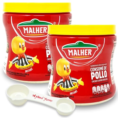 Malher Chicken Bouillon Powder Bundle with – (2) 16 oz (454g) Jars of Malher Consume de Pollo and (1) All in One Measuring Spoon by Wyked Yummy