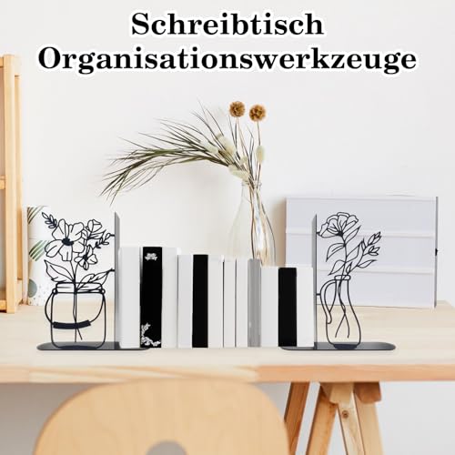 2 Stück Blumen Buchstütze Set, Dekorative Buchstützen Metall, Schwarz Buchstützen Vintage für Schule, Zuhause & Büro, Praktische Geschenke für Bücherliebhaber, Studenten & Lehrer