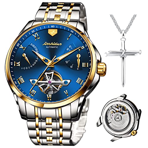 JSDUN Automatic Watch Mechanical Tourbillon Skeleton Watches for Men Self Winding Sapphire Stainless Steel Wrist Watch Waterproof Luminous Luxury Business Calendar Wristwatches No Battery Two Tone