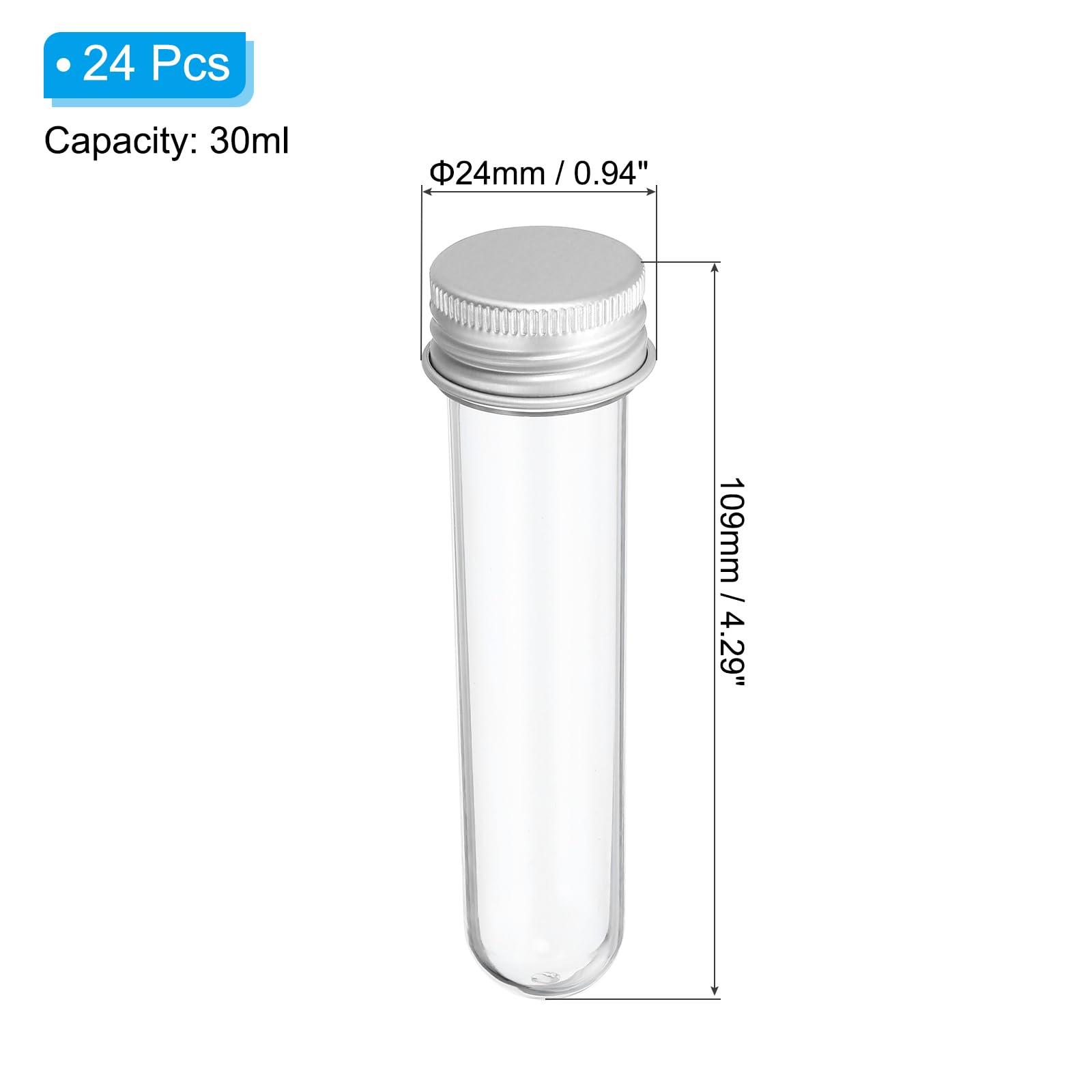 PATIKIL 30ml Plastic Test Tubes with Screw Caps, 24Pcs 109x24mm Tubes for Scientific Party Decoration Candy Bead Storage Bath Salt Lab Use, Silver Tone