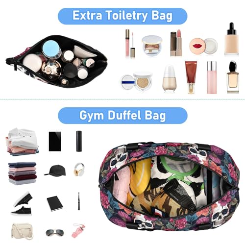 senya Skull Weekender Bag for Women, Purple Flower Skull Gym Bag Sports Duffle Bag Travel Tote Bag with Toiletry Bag Shoes Compartment Dry/Wet Separation Swim Bag, A06Y220174