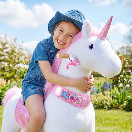 Image of PonyCycle Large Unicorn Ride on Horse Toys for Girls (with Brake / 42.5 inch Height /Size 5 for Age 7-12) Ride on Toys Riding Unicorn Pony Rider Walking Animal Plush Gifts Pink Ux502