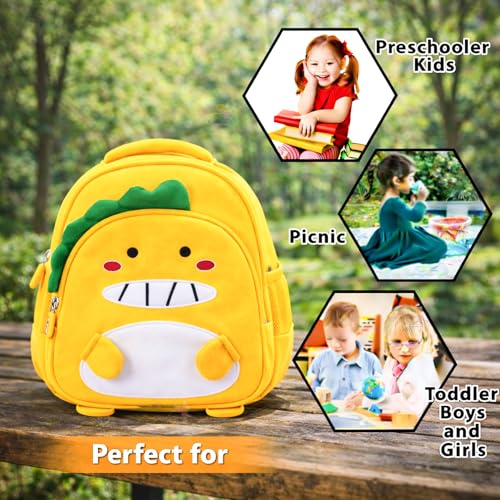 Image of WISHKEY Waterproof Small Size Bag,Picnic & Fancy Kindergarten Bags for Toddler Boys & Girls, Lightweight Cartoon 3D Baby Dino Nursery Dinosaur Backpack for Kids 2 To 5 Years (Pack Of 1,Yellow)