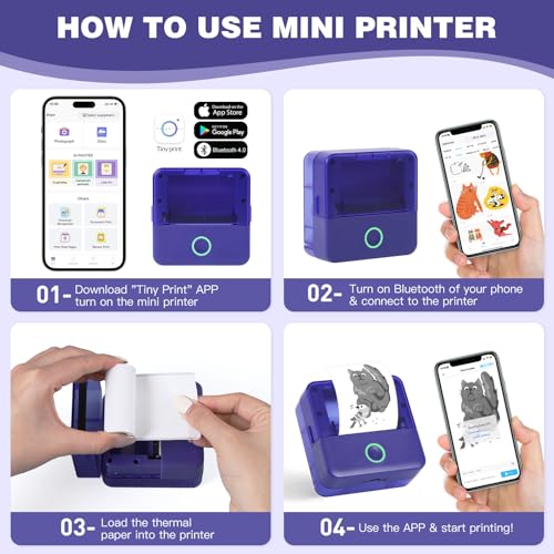 Image of cudinham Print Pods Mini Printer, Sticker Printer with 10 Rolls Thermal Printing Paper, Inkless Pocket Printpod for Phone, Impresora Portatil for Notes, DIY, Compatible with iOS & Android (Purple)