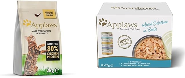Applaws Complete Natural and Grain Free Dry Adult Cat Food, Chicken, 2 kg Bag & 100% Natural Wet Cat Food in Broth for Adult Cats, Chicken and Tuna Mixed Selection, 70 g (Pack of 12)