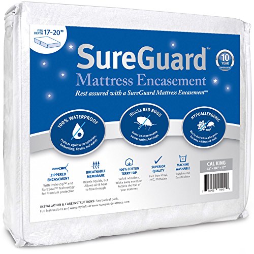 Cal King (17-20 in. Deep) SureGuard Mattress Encasement - 100% Waterproof, Bed Bug Proof, Hypoallergenic - Premium Zippered Six-Sided Cover