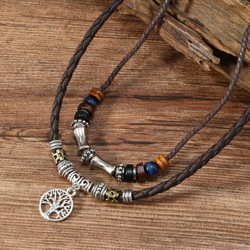 PINK TOWN Bohemian Layered Leather Necklace for Women Men Vintage Butterfly Tree of Life Tooth Pendant Necklace Adjustable Boho Wooden Beads Braided Necklace Ethnic Style Jewelry2