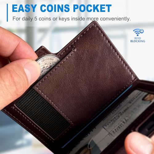 Image of VOGARD Slim RFID Blocking Wallet for Men | Pop-Up Card Holder with Money Clip & Coin Pocket | Magnetic Flip Leather Wallet | Holds 9 Cards, Cash & Keys | Coffee