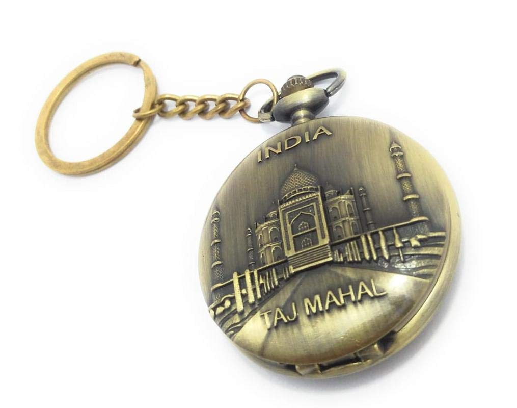 Imported Vintage Antique Collection Designer Taj Mahal India Pocket Watch Key Ring Golden Key Chain-image-48