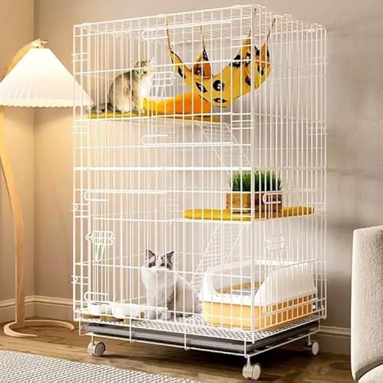 3/4-Tier Collapsible Cat Cage with 360Caster Wheels, Cat Enclosure Indoor with Platforms and Ladder, DIY Cat Playpen with Tray, Detachable Metal Wire Kennels Crate(White,24x17x38/60x42x96cm)