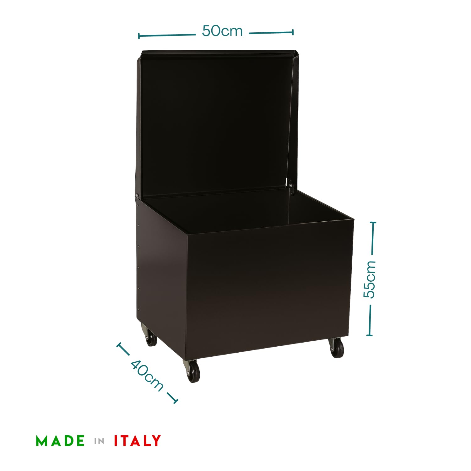PALUPLUS Baule Portalegna e Pellet da Camino con Ruote di colore Nero, Misura 50x40x55 cm, Cesto per legna in Acciaio Verniciato, Design Elegante, per Stufe e Camini, Made in Italy -2497F -15