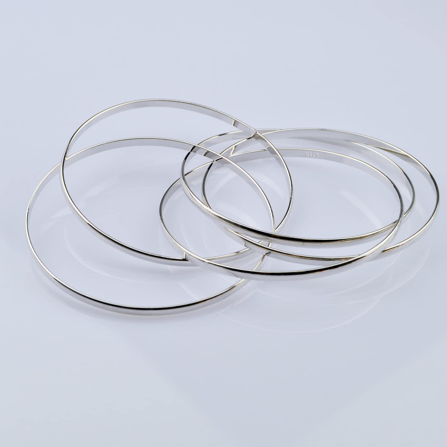 Dankadi Bracciale sottile - Set di 5 in 925 in argento dorato largo 3 mm, piatto semi-rotondo, 60 65 68 mm, diametro a cerchio 5 pezzi di polsino liscio semplice classico per donna madre