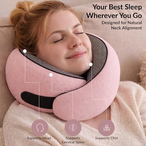Image of Travel Neck Pillow,Ergonomic 360 Memory Foam Support for Head, Neck. Adjustable for Long Flights. Soft &Washable Cover, EVA Box, 3D Eye Mask, Earplugs, Hair Tie & Luxury Bag (Pink)