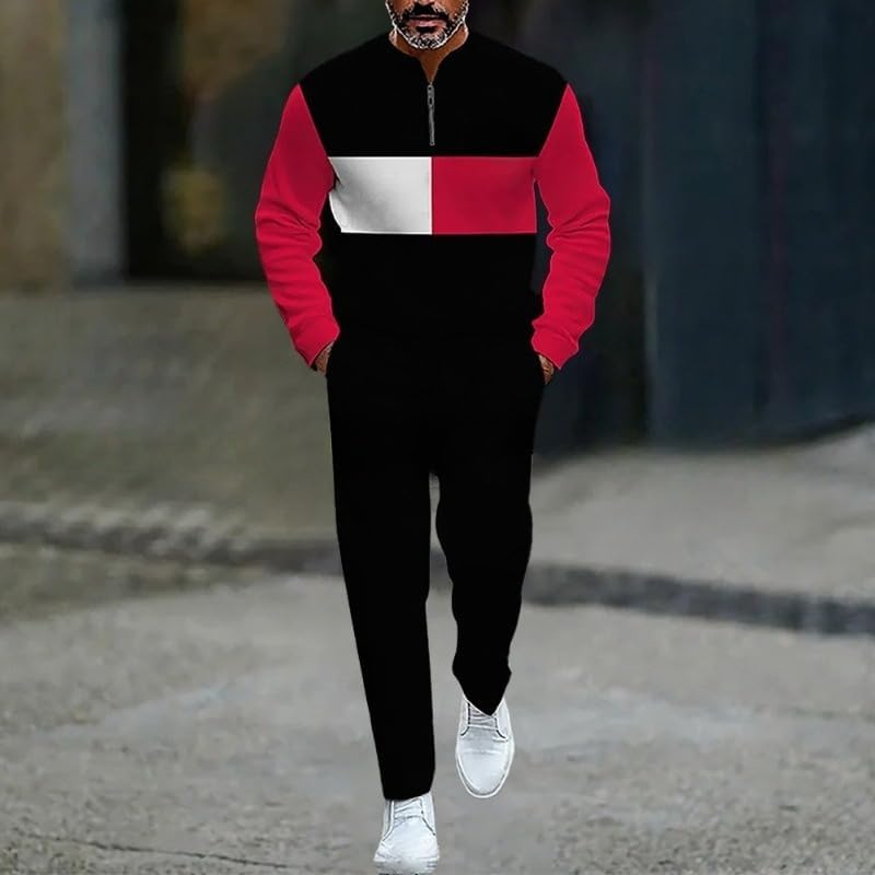 Men's printed polo shirt long pants set, color blocked half zipper sports shirt jogging pants two-piece set