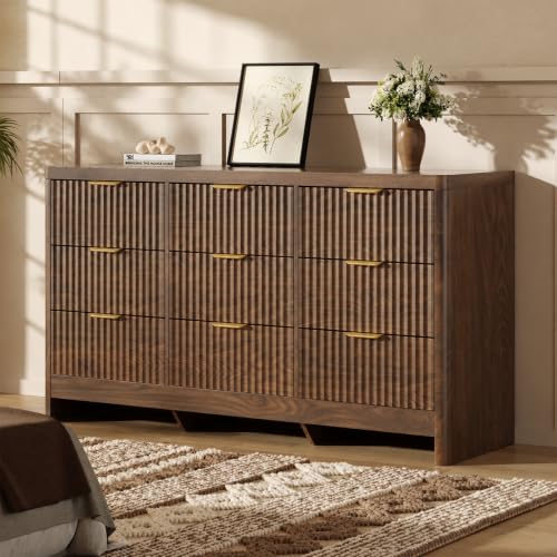 Fluted 9 Drawer Dresser for Bedroom, 59" Horizontal Wide Modern Low Profile Chest of Drawers with Metal Handle & Storage, Long Wooden Dresser TV Stand for Living Room & Closet, Walnut Brown Dresser