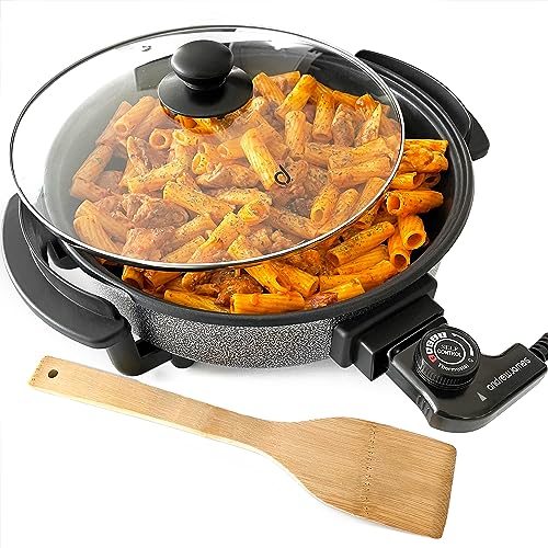 Andrew James Electric Frying Pan Non-Stick Multi Cooker Skillet 30cm 1350W Glass Lid Large Multi-Function Electric Pan Electric Wok Portable Camping Cooker Energy Efficient Adjustable Temperature