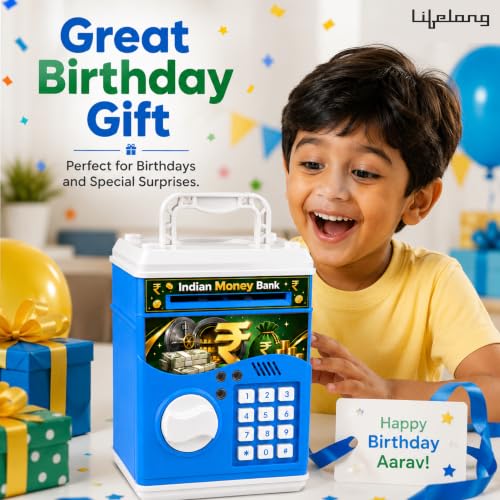 Image of Lifelong Cuppy ATM Money Bank (Blue) for Kids | Digital Money Bank with Light, Sound & Cash Coin Slot | Password Protected Electric ATM Machine | AAA Battery Operated Musical Piggy Bank Toy for Kids
