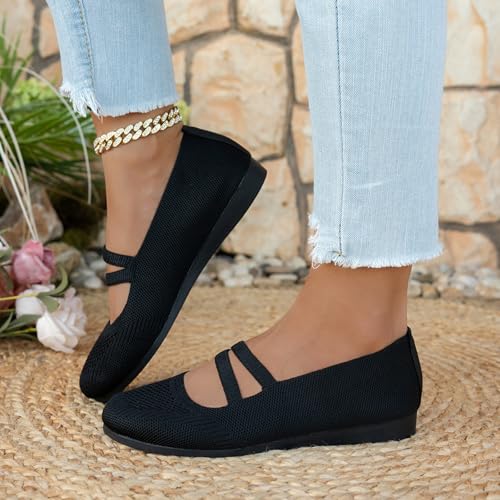 Knit Flats for Women Square Toe Ankle Strap Casual Ballet Flats Mary Jane Shoes Women Comfortable for Dressy Office4