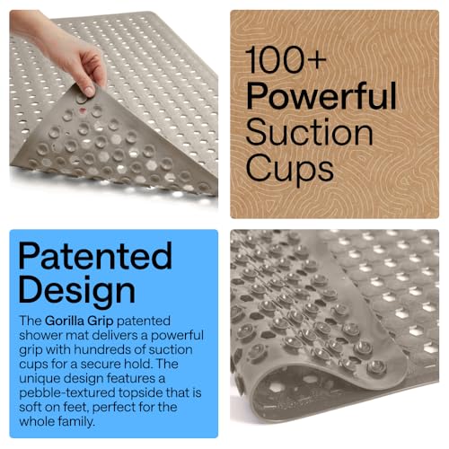 Image of GORILLA GRIP Patented Square Shower Stall Mat, Small Bathtub Floor Mats for Stand Up Showers, Suction Cups and Drainage Holes, Machine Wash, Soft on Feet, Bathroom Accessories 21x21 Inch, Beige Opaque