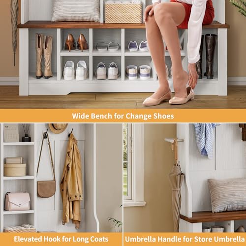 DWVO 59" Wide Hall Tree with Bench and Storage for Hallway Entryway, 10 Shoe Cubbies & 10 Coat Hooks, 4-Tier of Center Storage Open Cabinets, Coat Rack with Space for Bedroom Living Room (White)