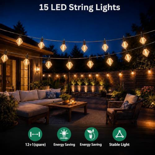 Image of One94Store Diamond Shape Outdoor String Lights | 5 Meter with 12 Warm White LED Bulbs | Waterproof Decorative Fairy Lights for Balcony, Garden, Porch & Home Decor