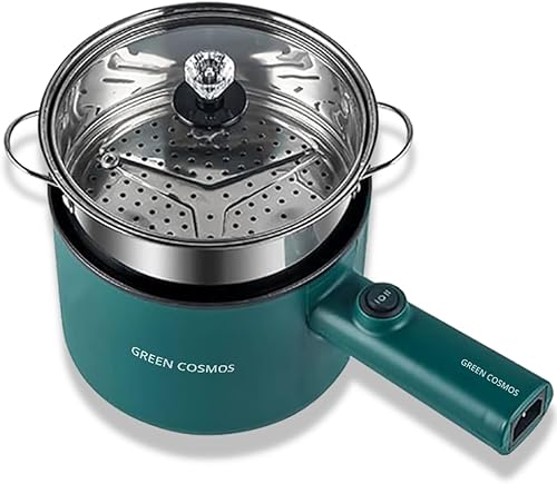 Olla eléctrica verde con vaporizador, cocina multifunción, olla de fideos de 1.8 L, sartén antiadherente, olla eléctrica para pasta con control de
