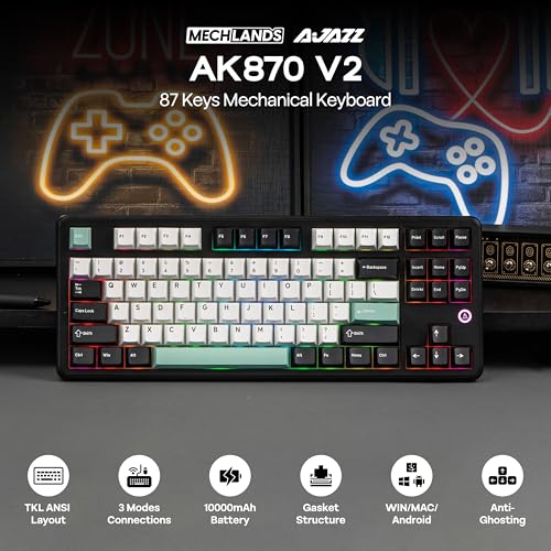 Image of MechLands AJAZZ AK870 V2 TKL Gasket Mechanical Keyboard, BT5.0 /2.4GHz /USB-C Wireless Gaming Keyboard with 10000mAh Battery, RGB Backlits, 5-Layer Padding, NKRO for Win /Mac (Black Green)
