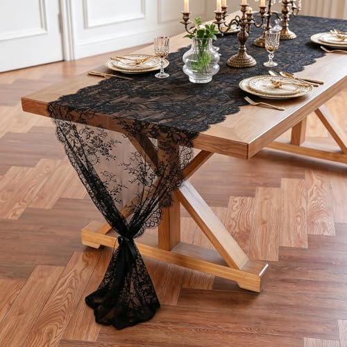 Black Lace Table Runner 30 x 120 Inch Floral Embroidered Fabric Tablecloth | Party Supplies,Vintage Floral embroidered, Boho Gothic Wedding Tea Party,Bridal Baby Shower Decor,Halloween Decorations