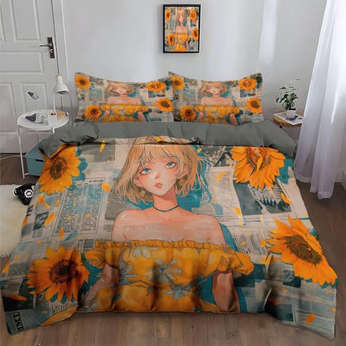 nórdica 220 x 240 cm,Funda nórdica Blanca y Flores Florales Amarillas,Incluye 1 Funda nórdica y 2 Fundas de Almohada, Juego de Ropa de Cama para Parejas,Estilo cómic Retro