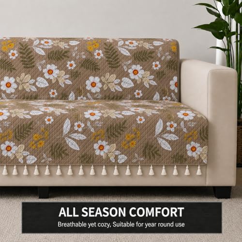 Image of STITCHNEST 'Frostvine Collection' 3 Seater Sofa Cover - Full Coverage| Cotton Quilted Fabric, Decorative Tassels, Washable & Durable for Modern Living